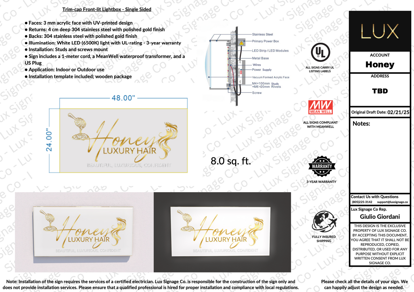 Custom Business Sign for Johniea (Honey Luxury Hair)