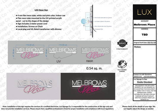 Custom Business Sign for Melbrows Place (Payment 2)