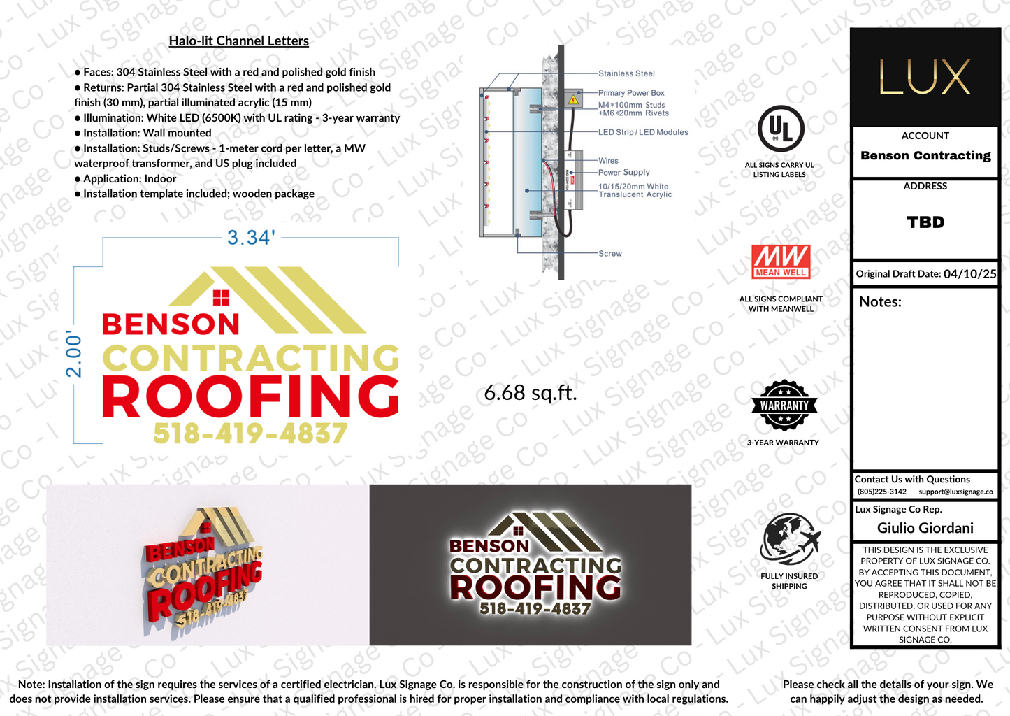 Custom Business Sign for Benson Contracting Roofing