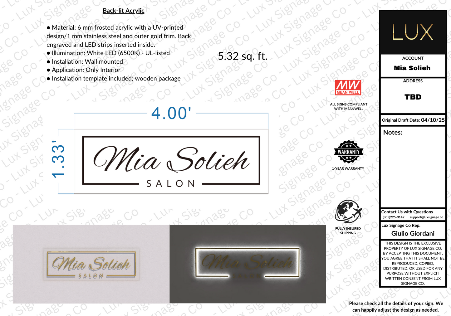 Custom Business Sign for Mia Solieh Salon