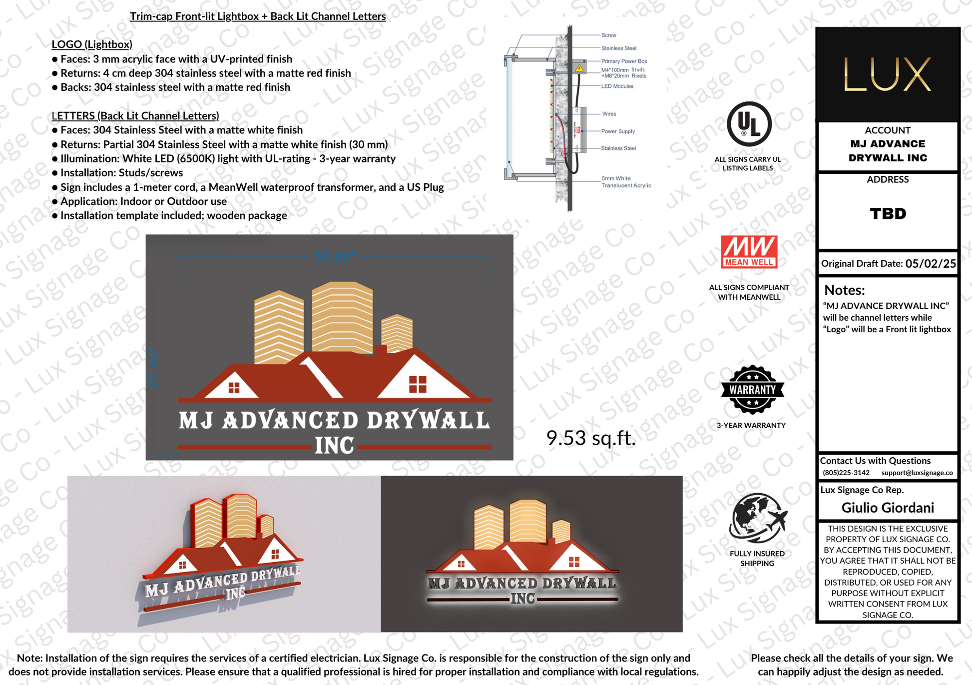 Custom Business Sign for MJ Advanced Drywall Inc