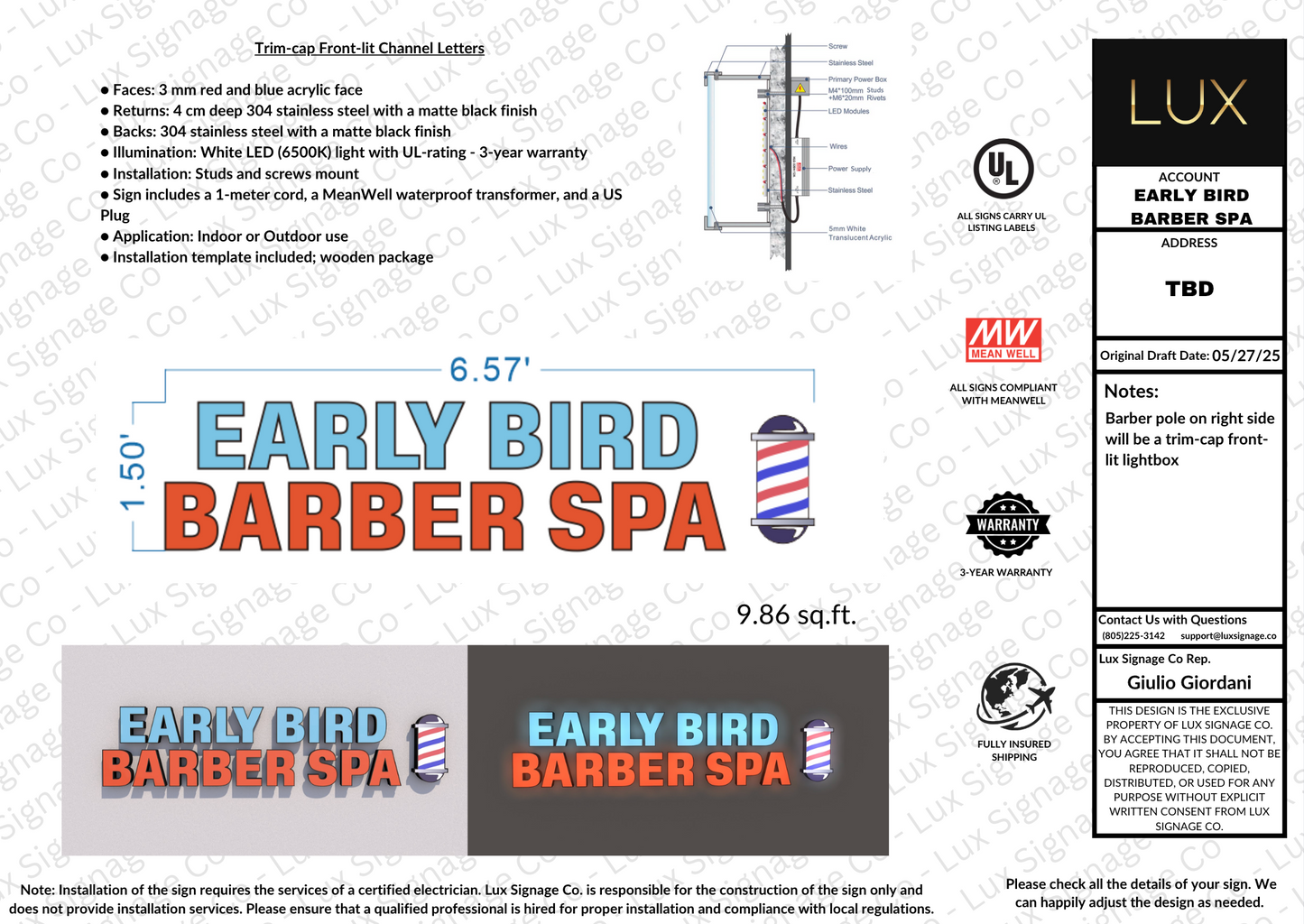 Custom Business Sign for Early Bird Barber Spa