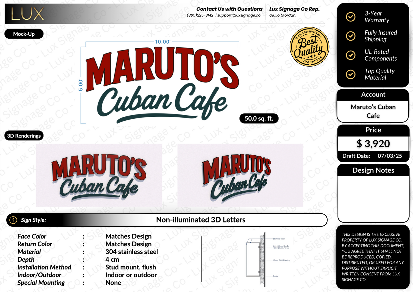 Custom Business Sign for Maruto's Cuban Cafe