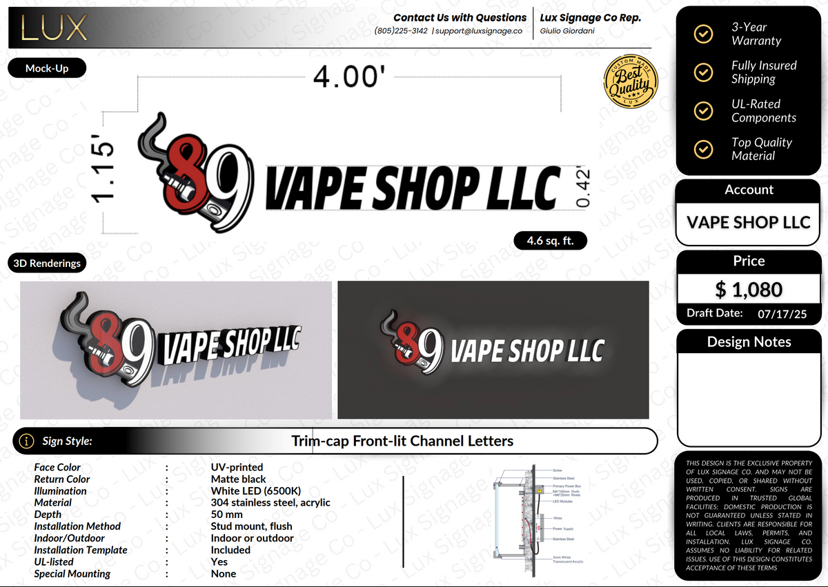Custom Business Sign for 89 Vape Shop LLC