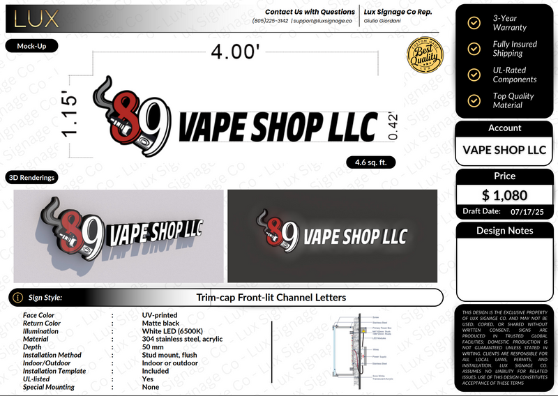 Custom Business Sign for 89 Vape Shop LLC