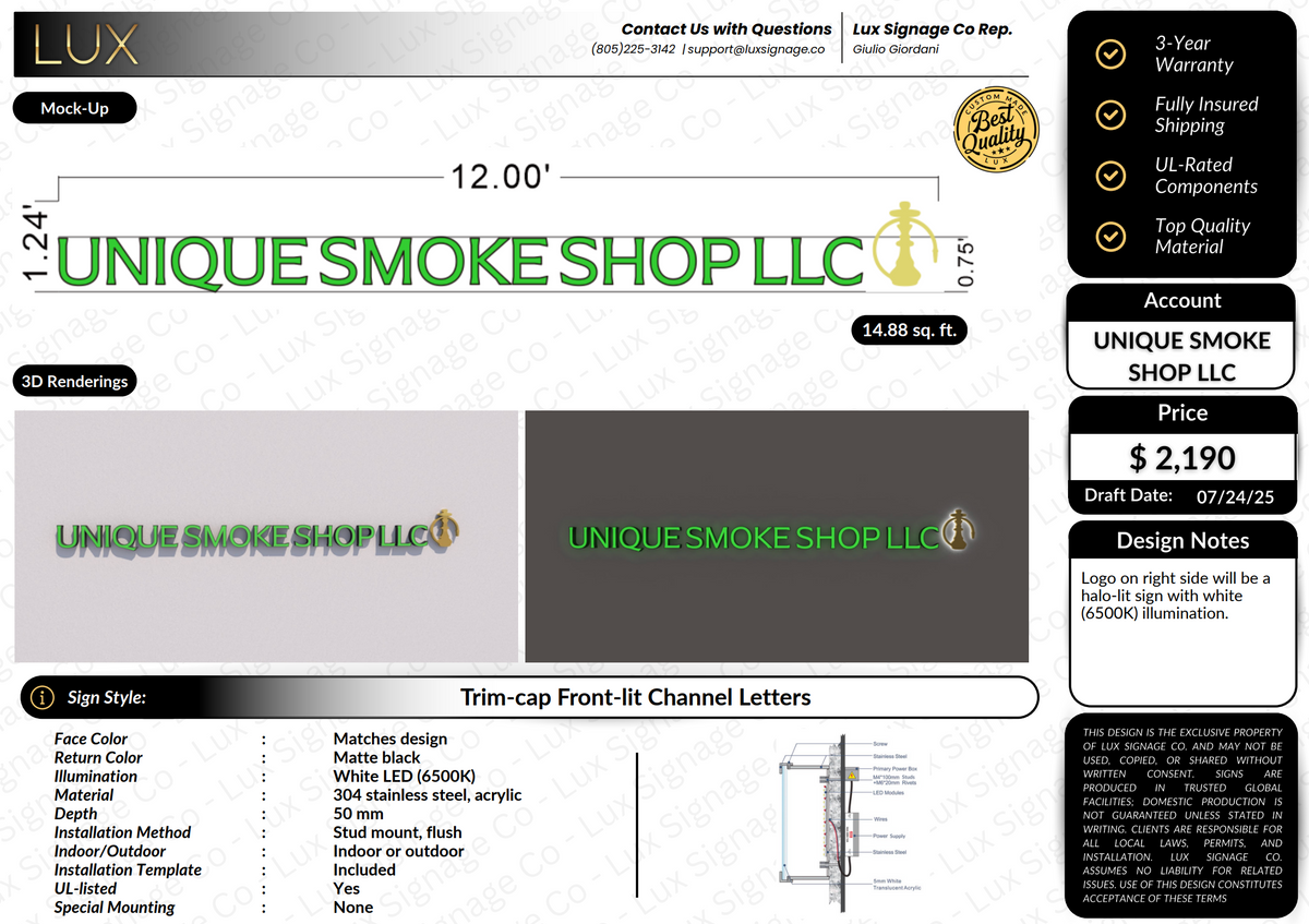 Custom Business Sign for Unique Smoke Shop LLC