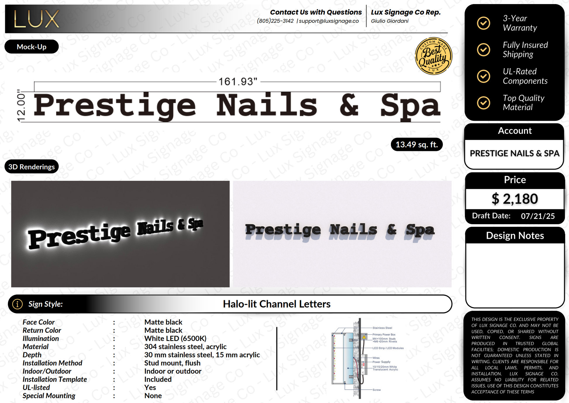 Custom Business Sign for Prestige Nails & Spa