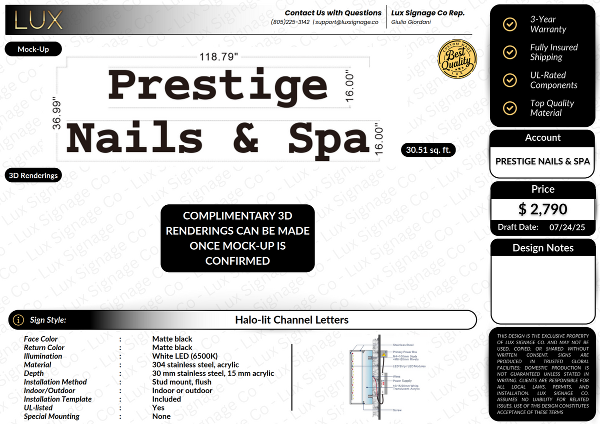Custom Business Sign for Prestige Nails & Spa