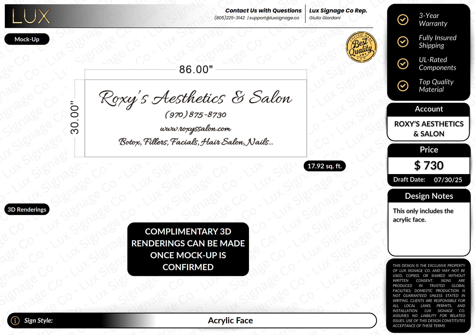 Custom Business Sign for Roxy's Aesthetics and Salon