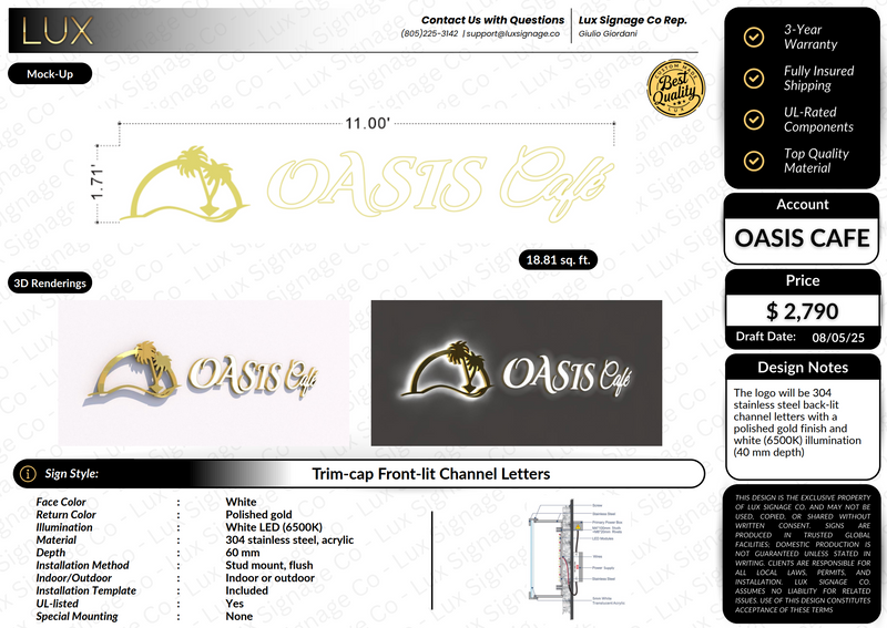 Custom Business Sign for Oasis Cafe