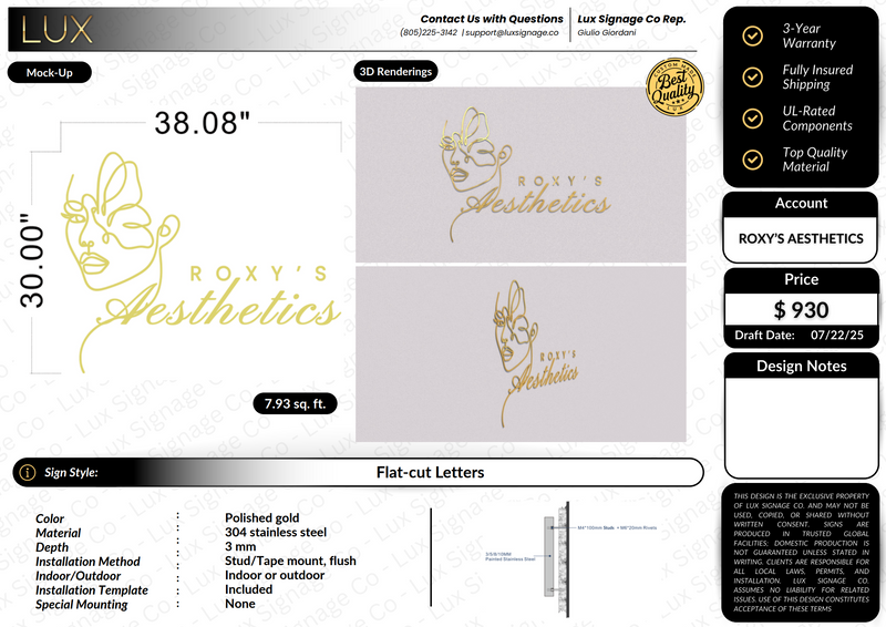 Custom Business Sign for Roxy's Aesthetics