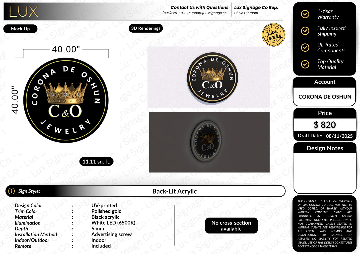 Custom Business Sign for Corona De Oshun
