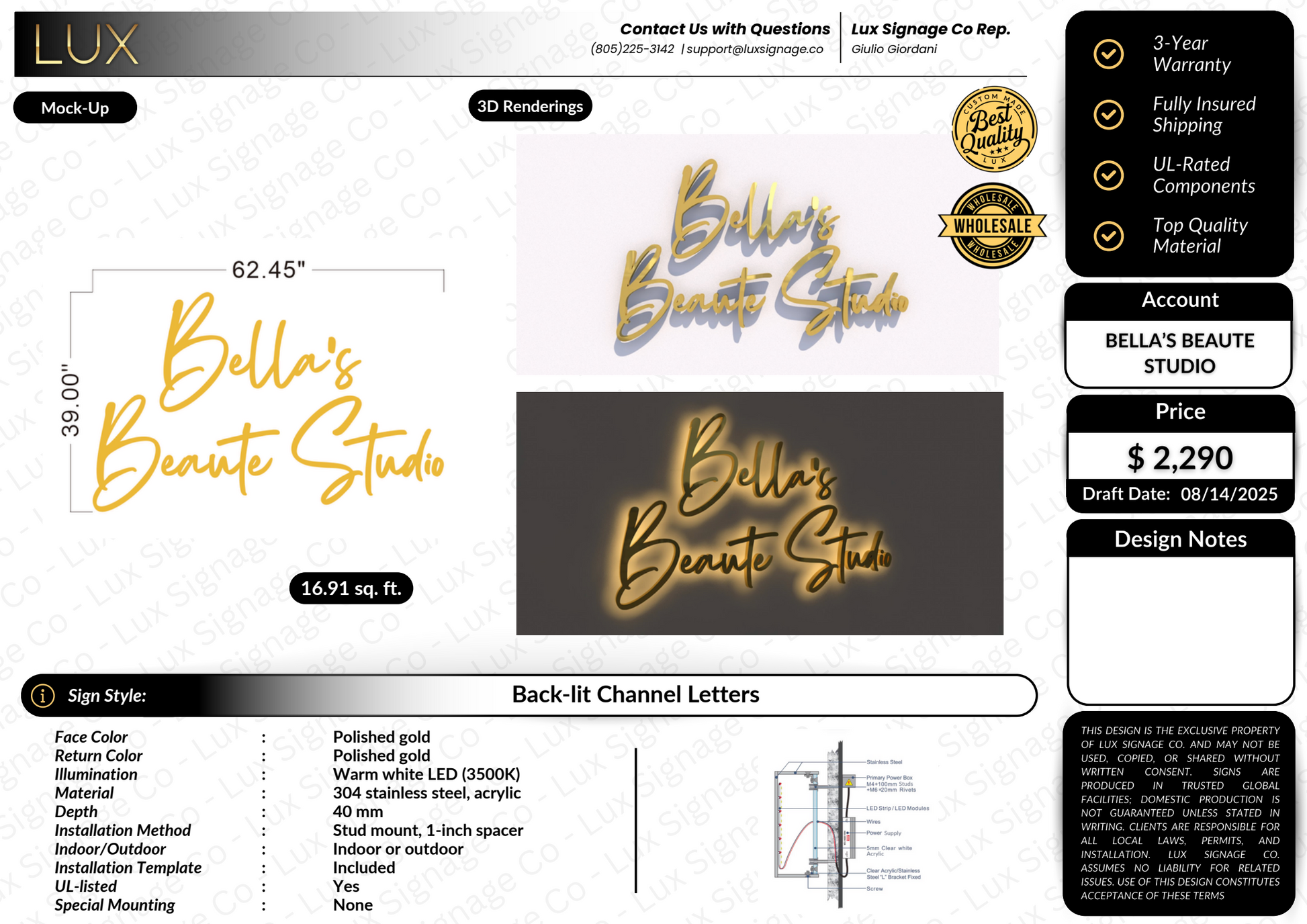 Custom Business Sign for Bella's Beaute Studio