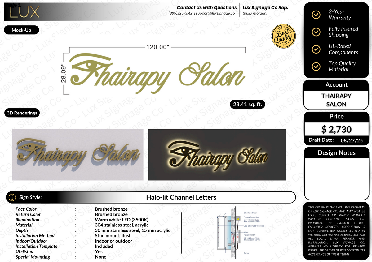 Custom Business Sign for Thairapy Salon - 10% DEPOSIT