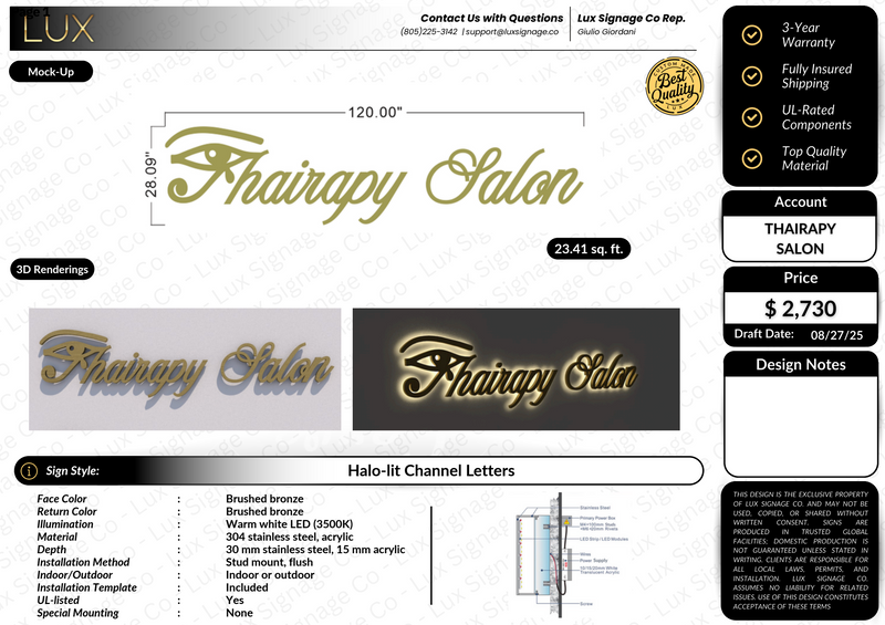Custom Business Sign for Thairapy Salon - 10% DEPOSIT