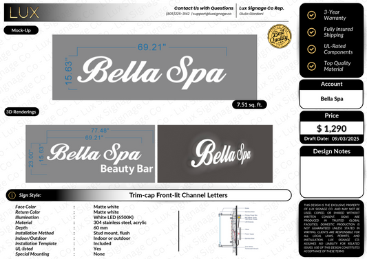 Custom Business Sign for Bella Spa