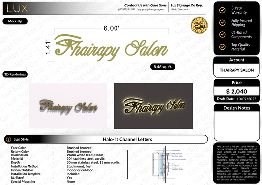 Custom Business Sign for Thairapy Salon