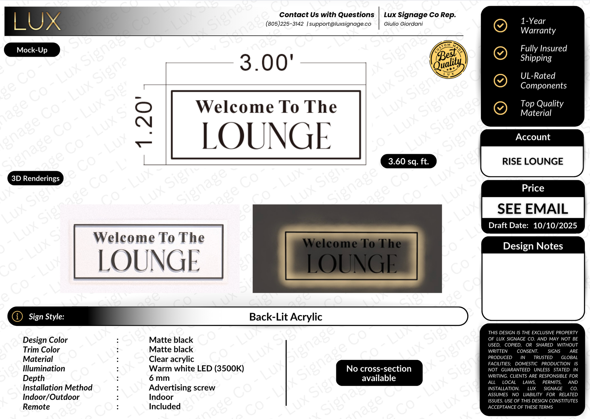 Custom Business Sign for Rise Lounge