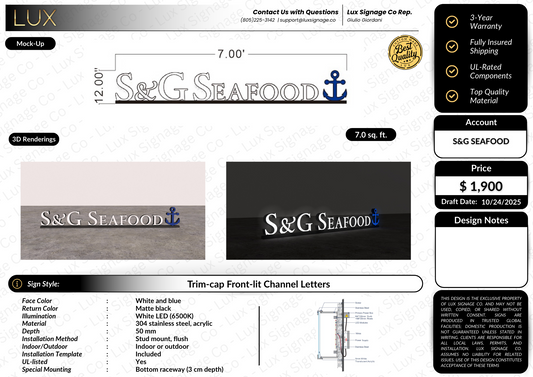 Custom Business Sign for S&G Seafood