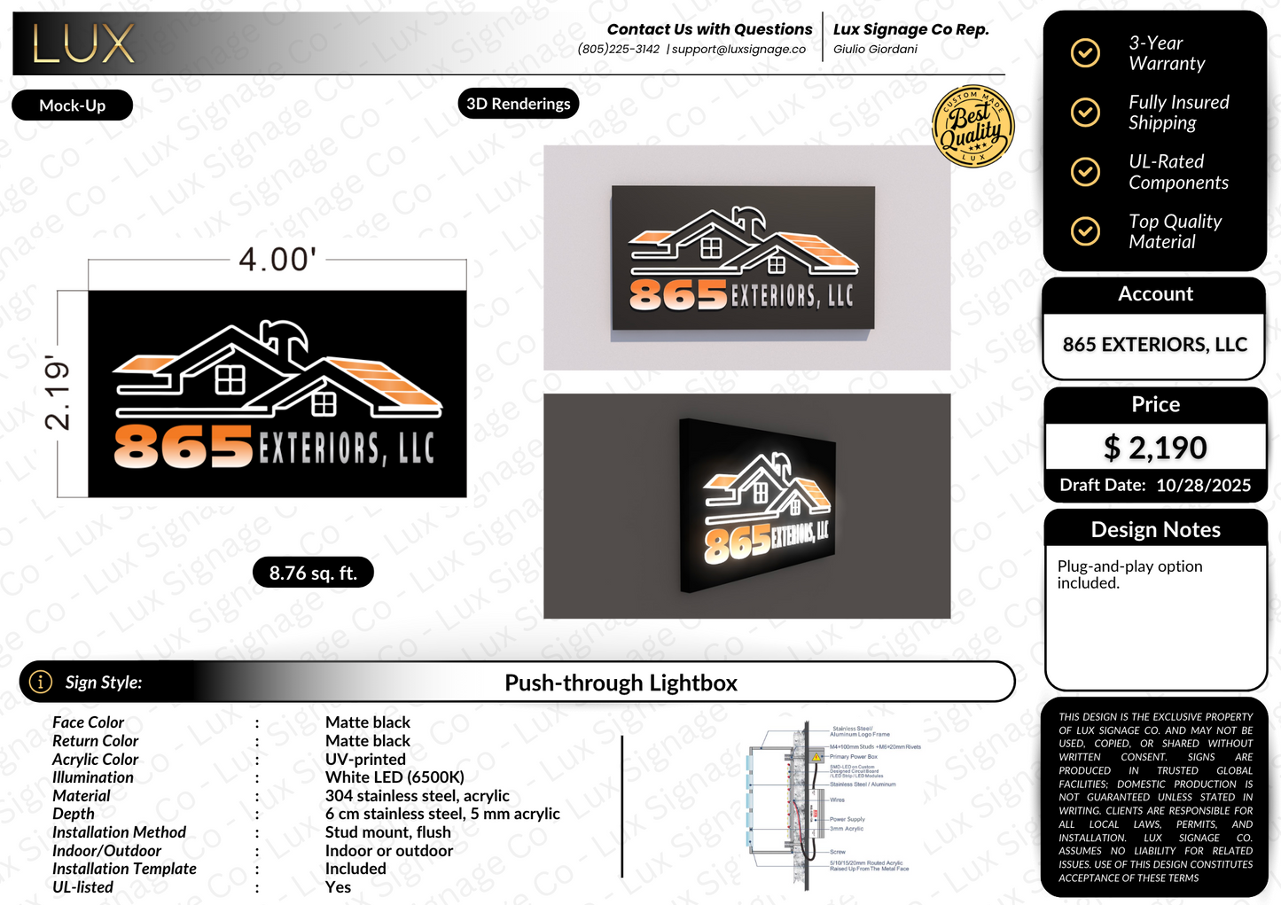 Custom Business Sign for 865 Exteriors LLC