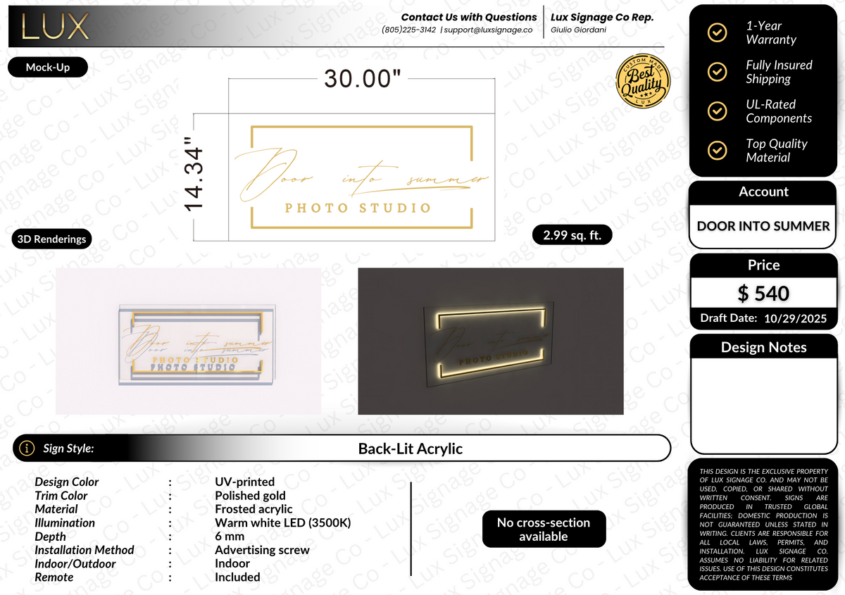 Custom Business Sign for Door Into Summer
