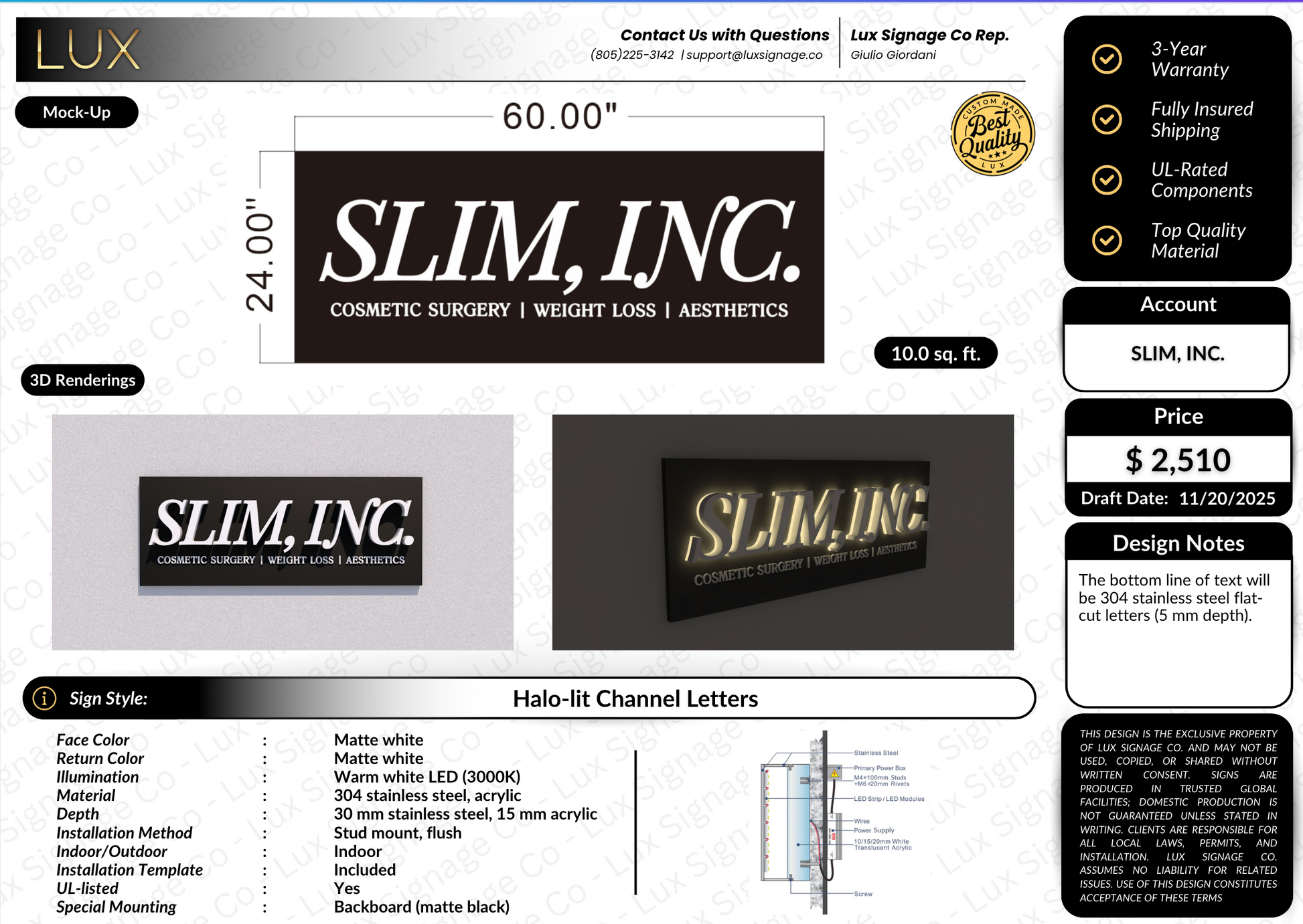 Custom Business Sign for SLIM, INC