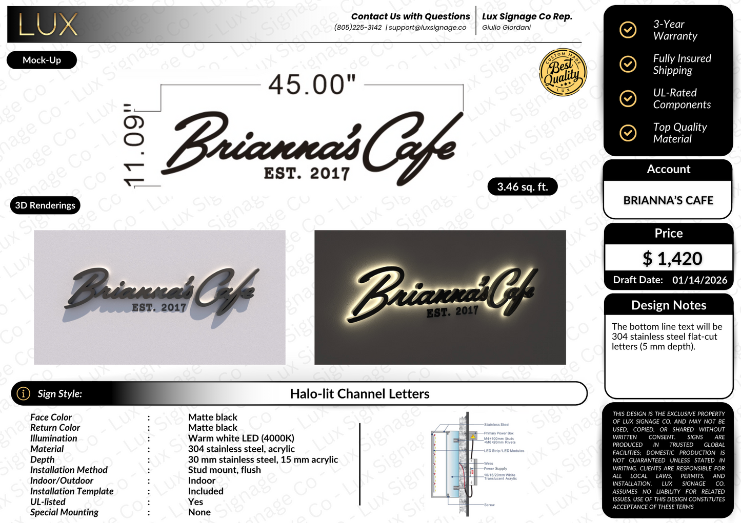 Custom Business Sign for Brianna's Cafe