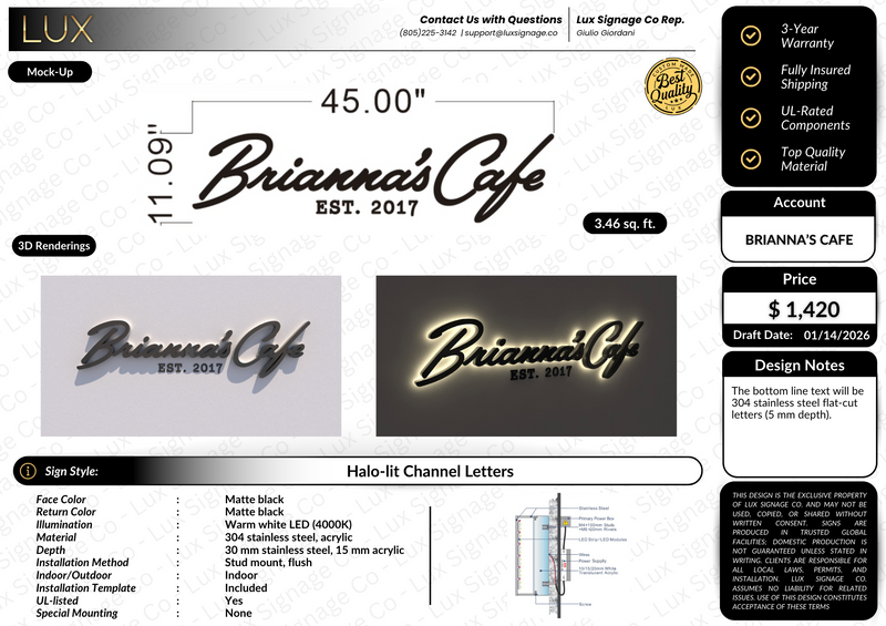 Custom Business Sign for Brianna's Cafe