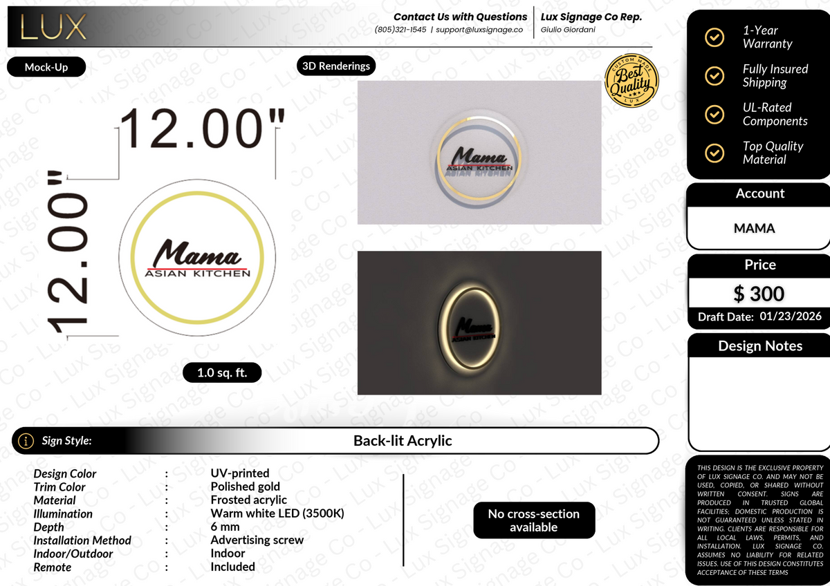 Custom Business Sign for Mama Asian Kitchen
