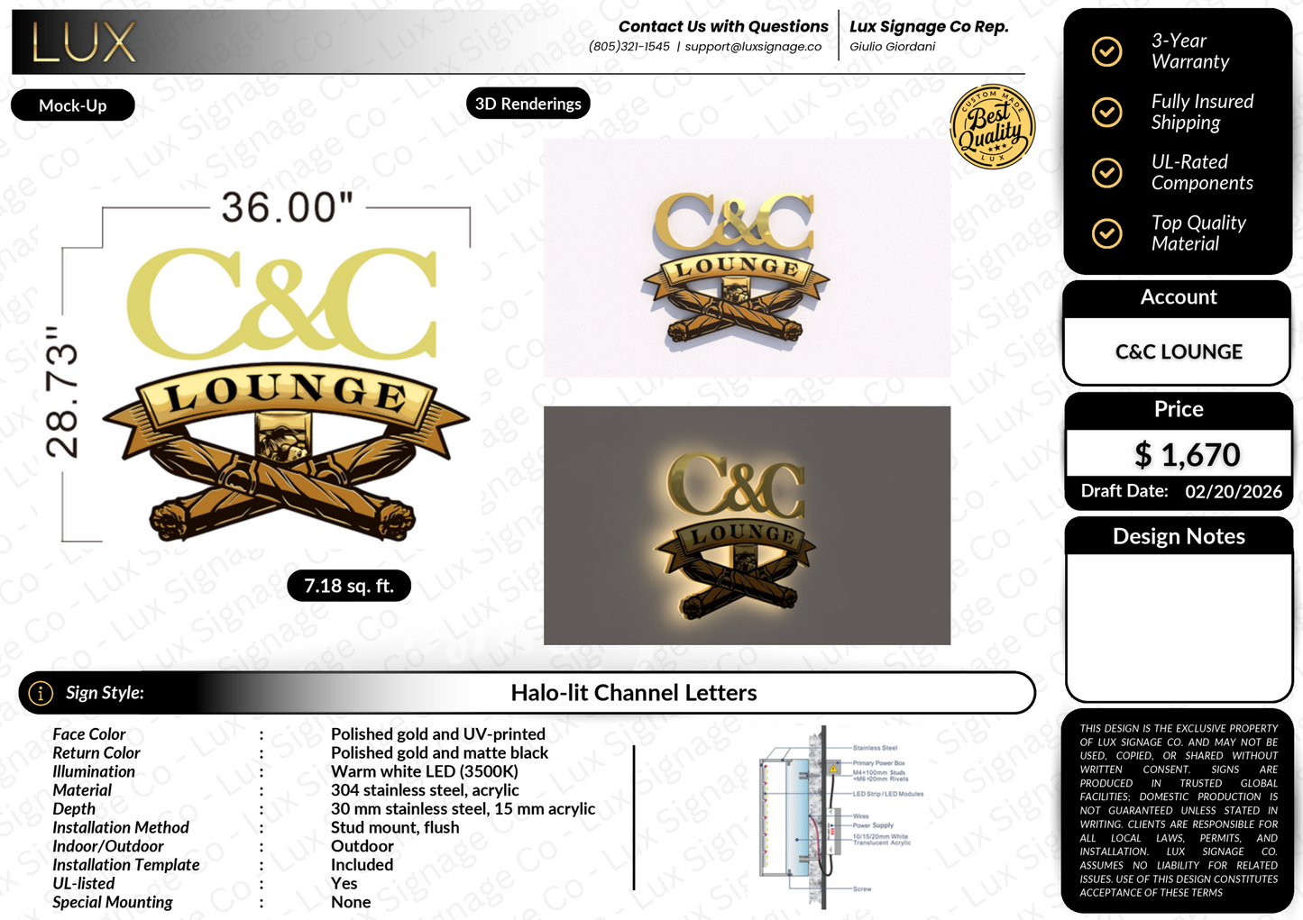 Custom Business Sign for C&C Lounge