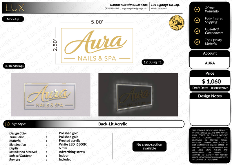 Custom Business Sign for Aura Nails and Spa