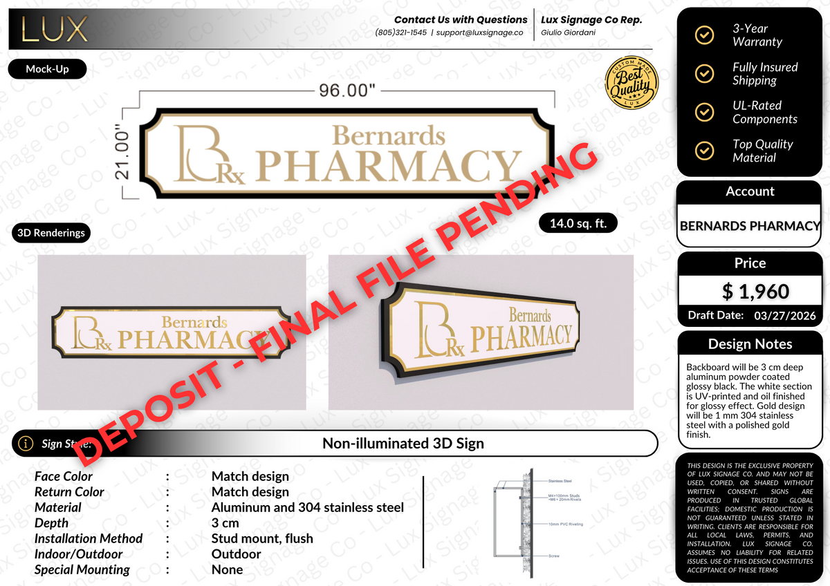 Custom Business Sign Deposit for Bernards Pharmacy