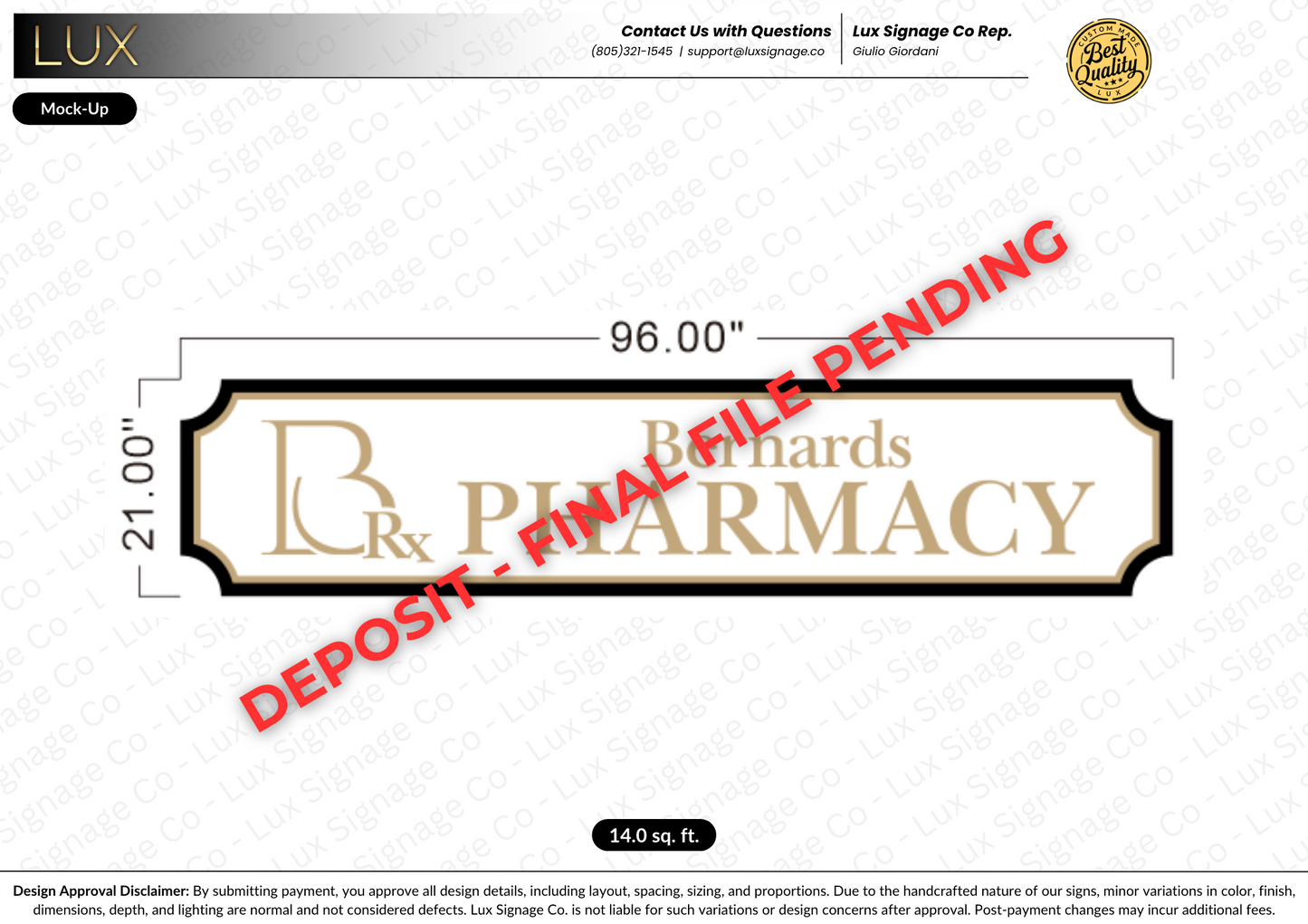 Custom Business Sign Deposit for Bernards Pharmacy