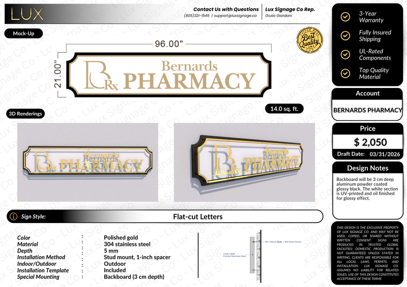 Custom Business Sign for Bernards Pharmacy (Deposit Deducted)