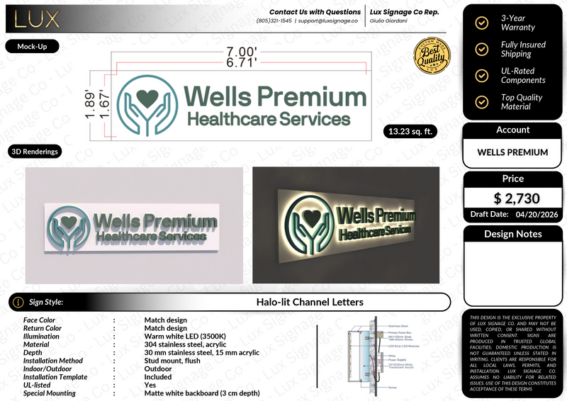 Custom Business Sign for Wells Premium Healthcare Services