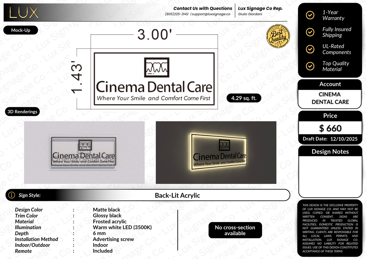 Custom Business Sign for Cinema Dental Care
