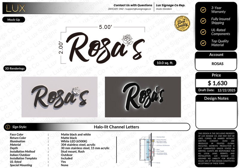 Custom Business Sign for Rosa's (Quantity x2)