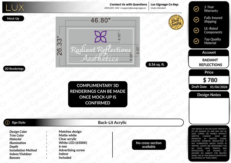 Custom Business Sign for Radiant Reflections Aesthetics