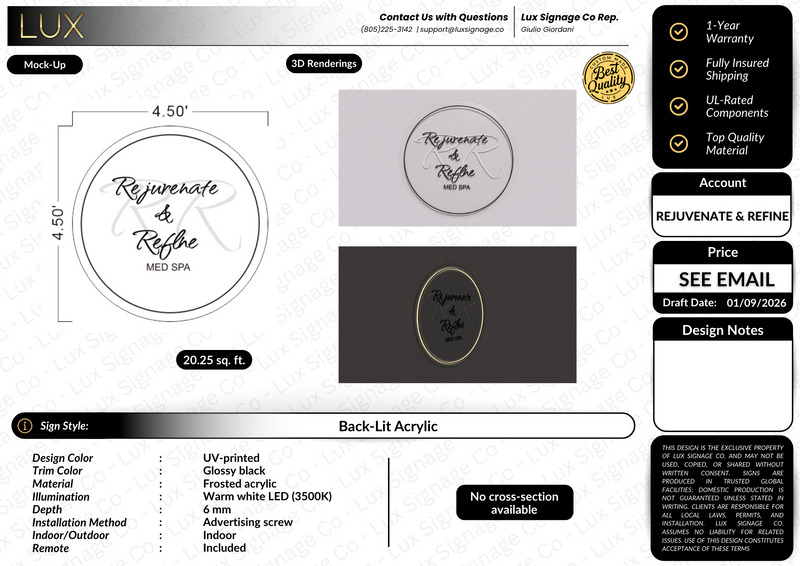 Custom Business Sign for Rejuvenate and Refine Med Spa