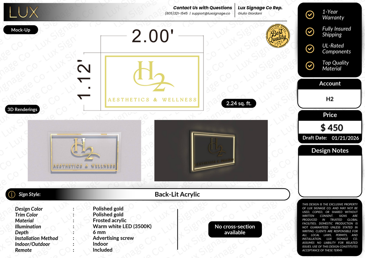 Custom Business Sign for H2 Aesthetics and Wellness