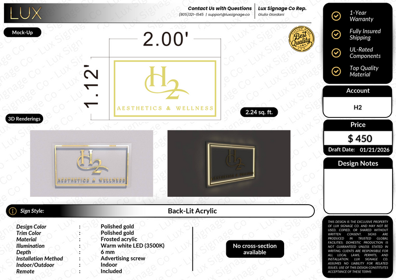 Custom Business Sign for H2 Aesthetics and Wellness
