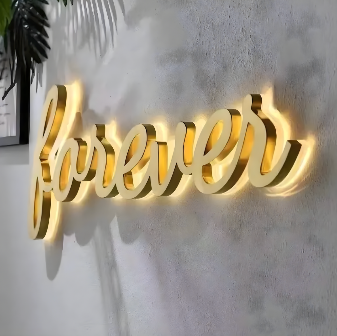 nail salon storefront sign with halo-lit led letters warm white