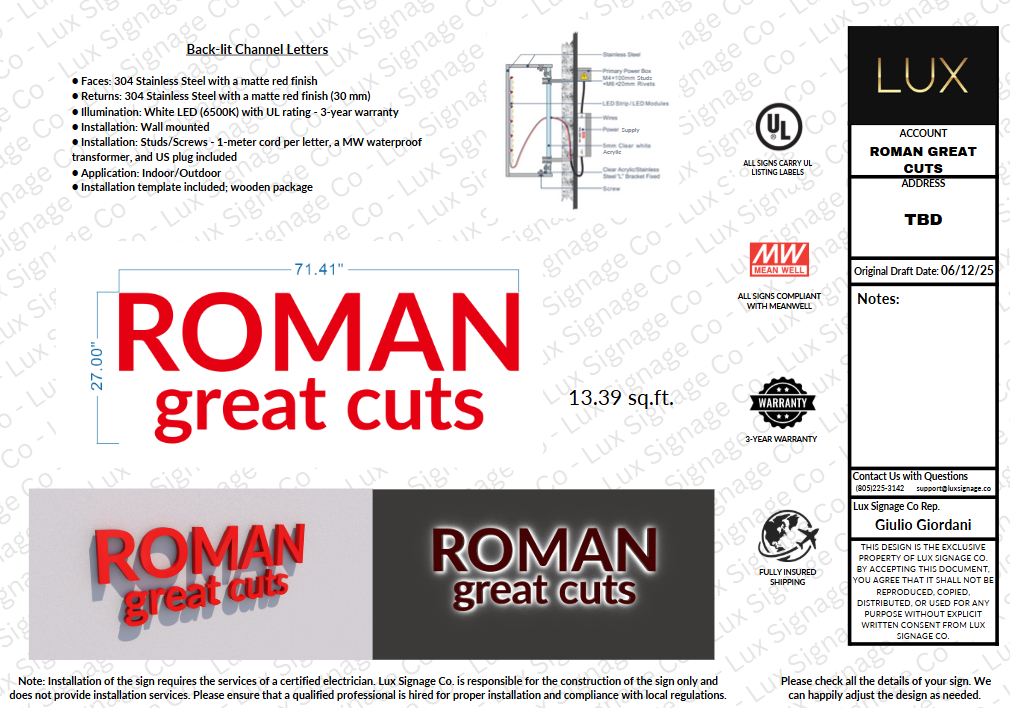 Custom Business Sign for Roman Great Cuts