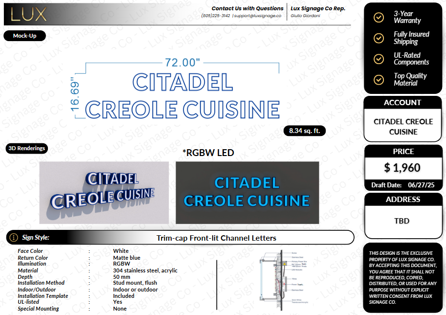 Custom Business Sign for Citadel Creole Cuisine