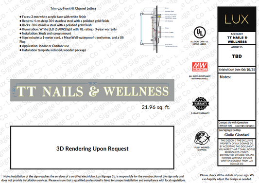 Custom Business Sign for TT Nails and Wellness (50% DEPOSIT)