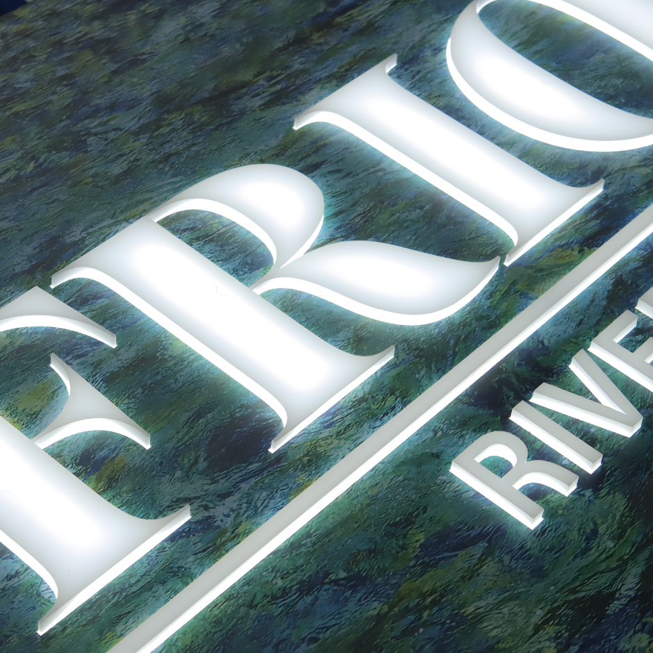 Custom push-through blade sign with illuminated raised acrylic