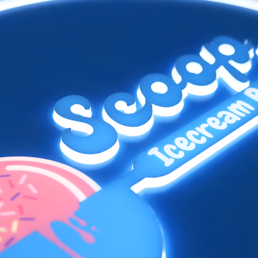 Commercial push-through blade sign with crisp illuminated acrylic