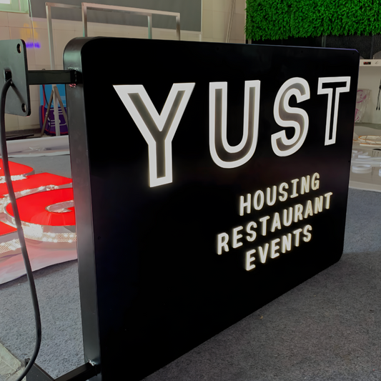 Bold LED push-through blade sign for retail and restaurant signage