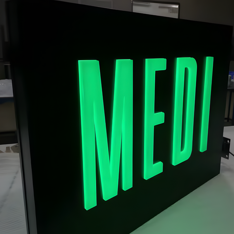 Bright LED push-through lightbox with raised acrylic letterforms